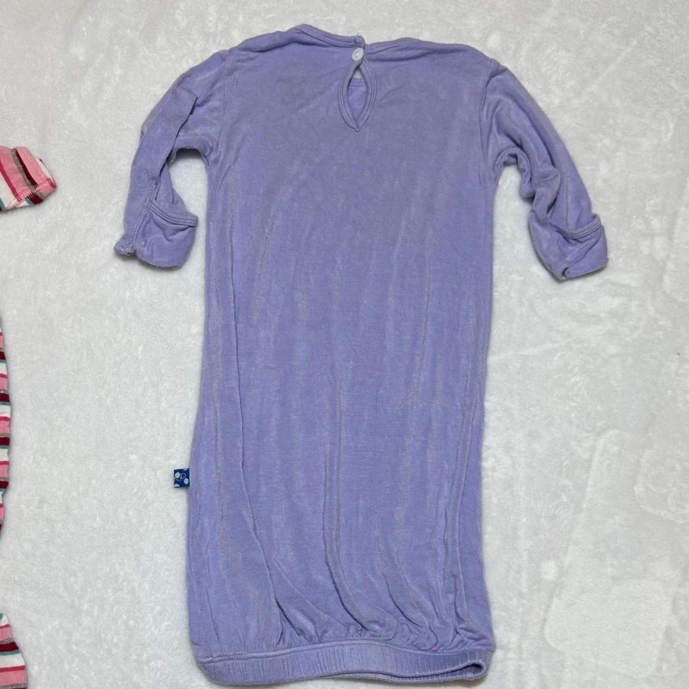 NB girls kickee sleeper gown pink stripe with metallic detail & light purple